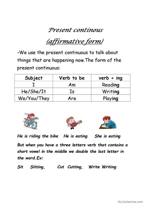 present continuous -affirmative form: English ESL worksheets pdf & doc