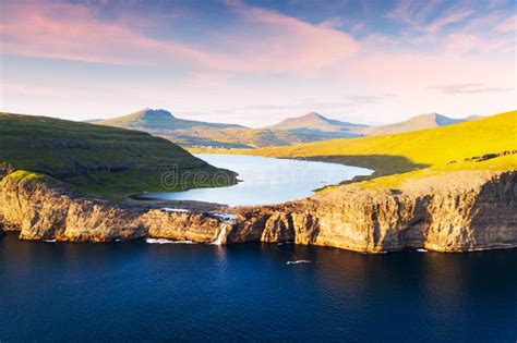 Sorvagsvatn Lake on Cliffs of Vagar Island in Sunset, Faroe Islands ...