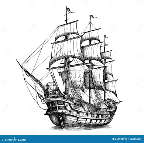 Pirate Ship Hand Drawn Sketch Stock Vector - Illustration of antique, ship: 261901993