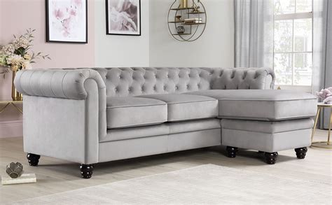 Hampton Grey Velvet L Shape Chesterfield Corner Sofa | Furniture Choice