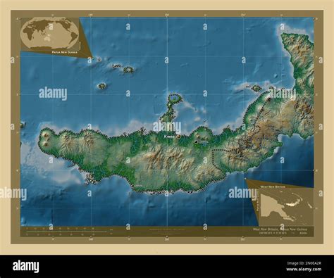 West New Britain, province of Papua New Guinea. Colored elevation map with lakes and rivers ...