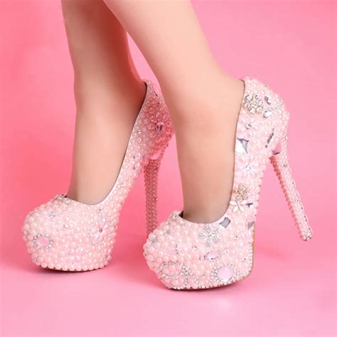 Women Pumps Pink Wedding Dress Shoes Handmade Platforms Ultra High ...