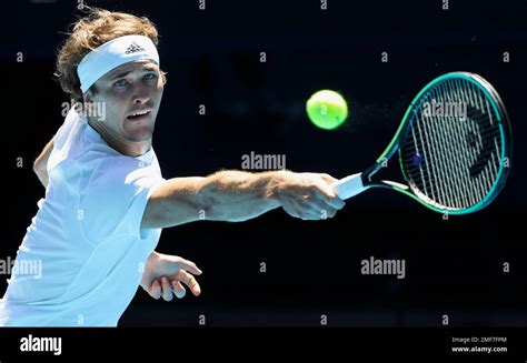 Germany's Alexander Zverev makes a backhand return to Canada's Denis ...