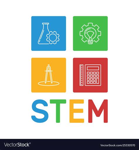 the word stem is written in four different color blocks with icons on it and an image of