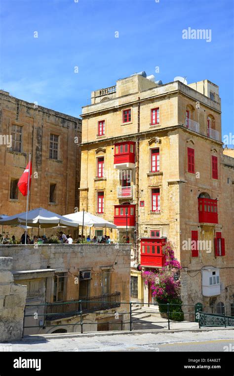 Outdoor restaurant by walls of Grand Harbour, Valletta (Il-Belt Valletta), Southern Harbour ...