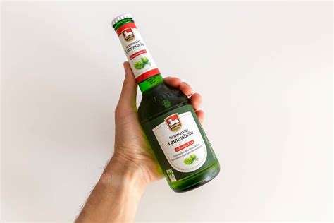 Hand holding a green beer bottle with alcohol-free organic Neumarkter Lammsbräu in front of a ...