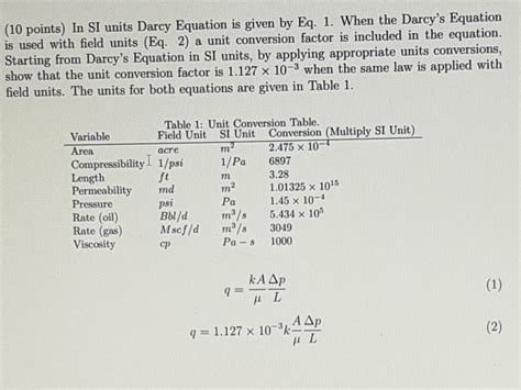 Solved (10 points) In ŞI units Darcy Equation is given by | Chegg.com