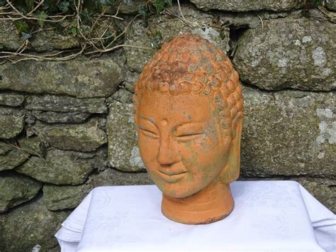 Vintage terracotta female Buddha head, large garden ornament, calm serene Buddha sculpture ...