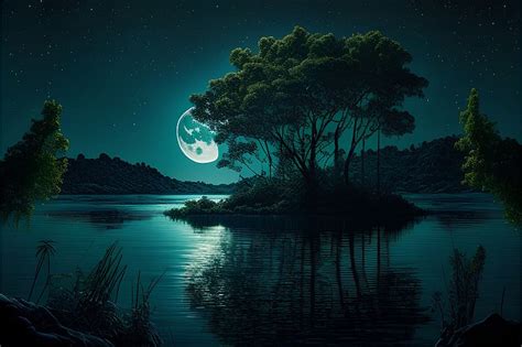 Night landscape with a lake, Evening, Moon, Trees, Sky, HD wallpaper | Peakpx