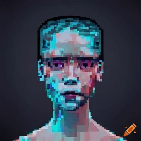 Floating holographic head with pixelated features on Craiyon