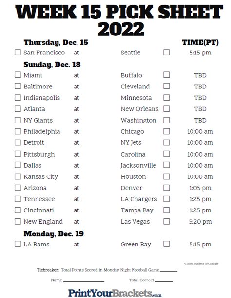 Week 15 Nfl Schedule Printable - Printable And Enjoyable Learning