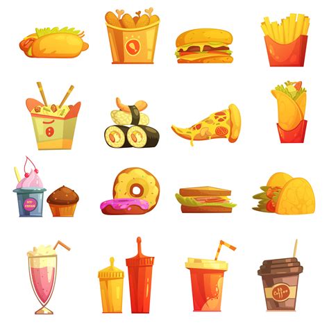 Fast Food Retro Cartoon Icons Set 476471 Vector Art at Vecteezy