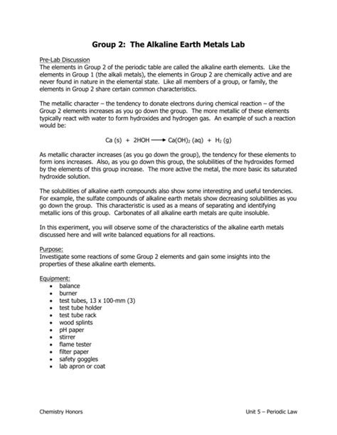 Group 2: The Alkaline Earth Metals Lab