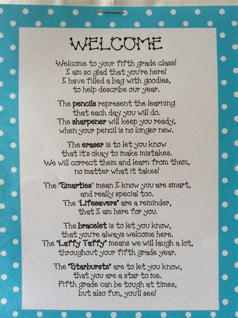 Welcome bag for first day | Back to school poem, Poems for students ...