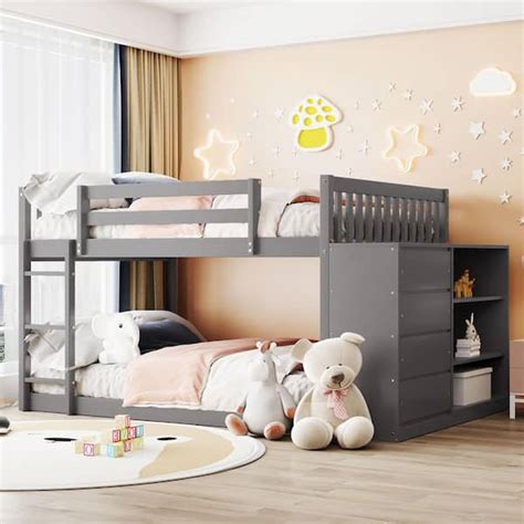 URTR Gray Floor Bunk Bed Frame with 4 Drawers and 3 Shelves, Full Over ...