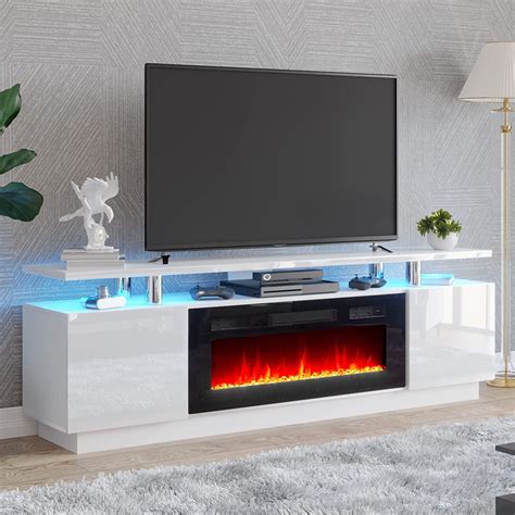 Amerlife Fireplace TV Stand with 36" Fireplace, 70" Modern High Gloss ...