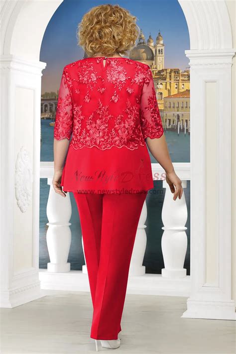 Red Plus size Mother of the bride pant suit Women 3PC Trousers outfits ...