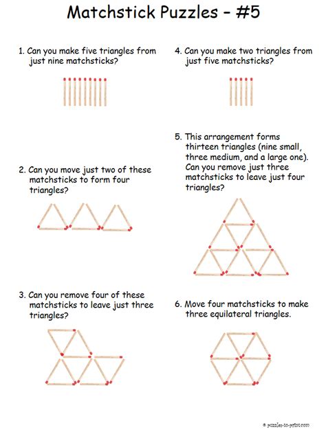 Free Printable Triangle Matchstick Puzzles | Brain teasers, Printable brain teasers, Brain ...