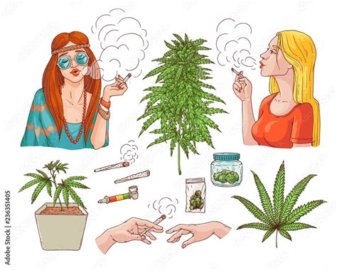 Vector cannabis smoking sketch collection. Hippie girl with weed joint, hemp spliff, young woman ...