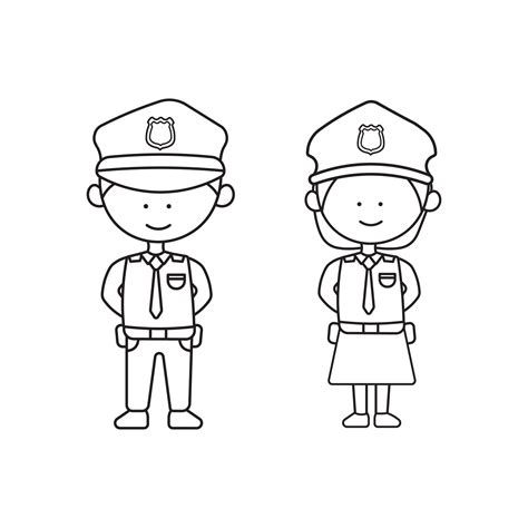 Hand drawn kids drawing Vector illustration Cute male and female police officer characters set ...