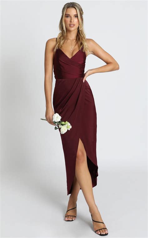 How Will I Know Dress in Wine | Showpo | Wine bridesmaid dresses, Midi bridesmaid dress, Wine ...