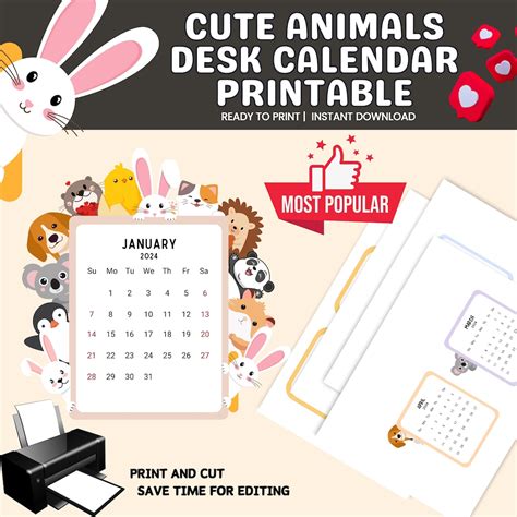 2024 Cute Animals Calendar Printable, Pet Calendar, Mini Calendar, Dog ...