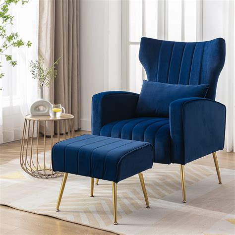 wingback navy blue accent chair with ottoman and channel tufting velvet upholstery golden ...