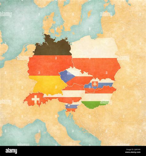 Map of Central Europe with flags of all countries in soft grunge and vintage style, like old ...