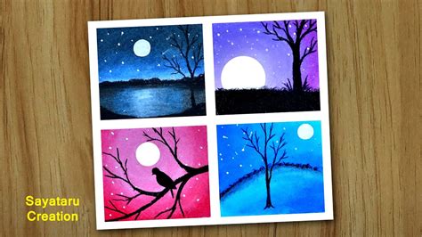 4 types of scenery drawing with oil pastels, Easy Oil pastel drawing ...