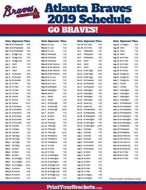 Printable 2019 Atlanta Braves Schedule | Atlanta braves, Atlanta braves baseball, Braves