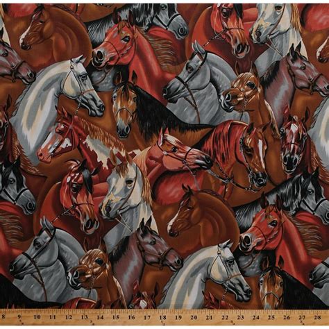 55" Cotton Packed Horse Horses Equestrian Animals on Brown Cotton Fabric Print By the Yard ...