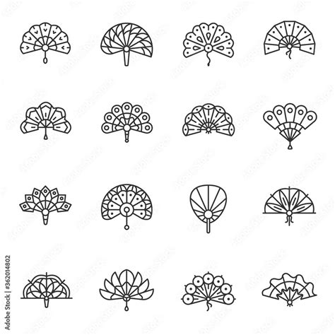 Oriental fans, icon set. Hand fan, various shapes, linear icons. Line ...