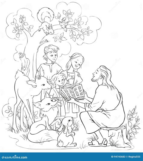 Jesus Reading The Bible To Children And Animals. Coloring Page Cartoon ...