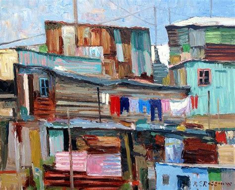 an oil painting of colorful houses and laundry lines