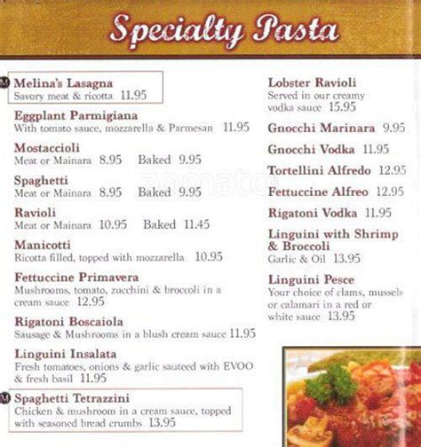 Menu at Melina's Trattoria & Lounge restaurant, Elmhurst