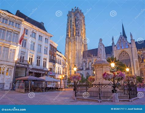 MECHELEN, BELGIUM - SEPTEMBER 4, 2013: St. Rumbold`s Cathedral in Dusk ...