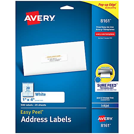 Avery Easy Peel Address Labels With Sure Feed Technology 8161 Rectangle 1 x 4 White Pack Of 500 ...