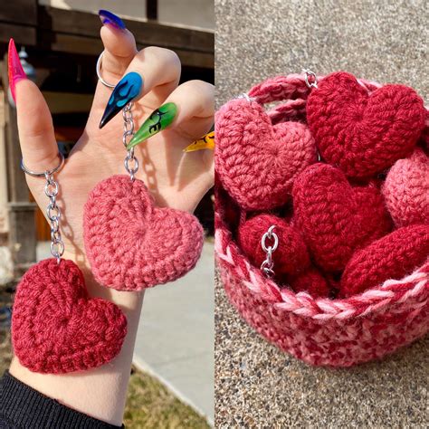 Making heart keychains for Valentine’s Day! 🥰 (I made the basket they’re in too!) : r/crochet