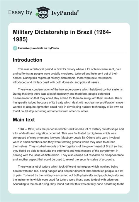 Military Dictatorship in Brazil (1964-1985) - 1592 Words | Essay Example