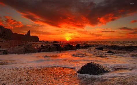 Red sunset above the rocky beach wallpaper - Beach wallpapers - #48873