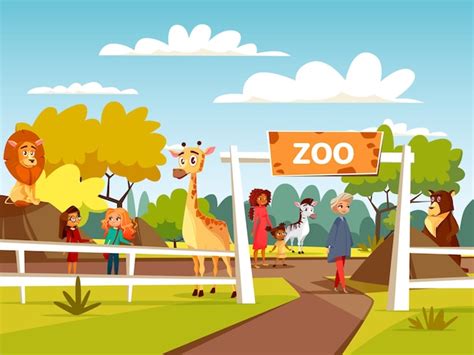 Zoo or petting zoo cartoon design. Open zoo wild animals and visitors ...