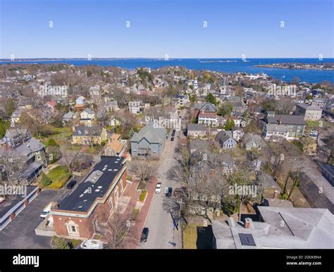 Aerial view of historic Marblehead town center and Marblehead harbor ...