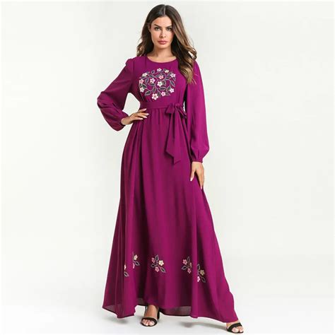 Middle Eastern Fashion Women Long Sleeve Maxi Dresses Plus Size 4XL Ramadan Floral Embroidery ...