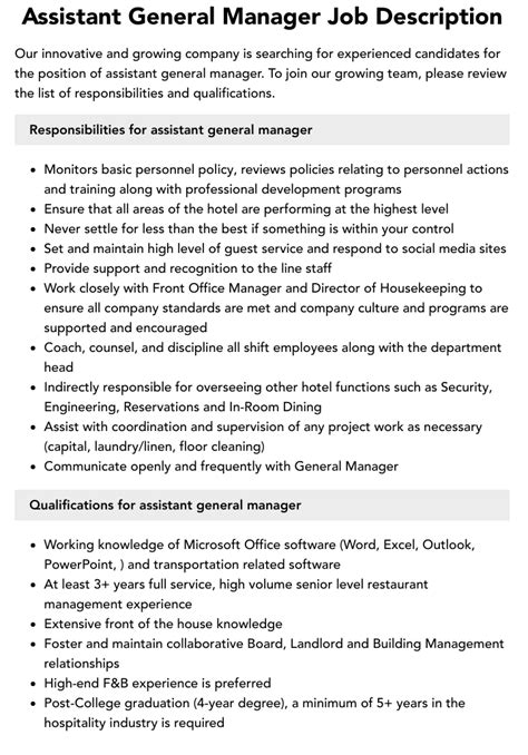 Assistant General Manager Job Description | Velvet Jobs