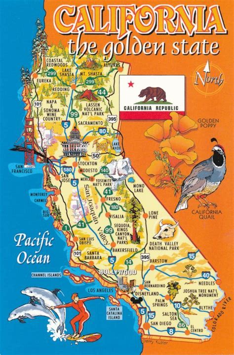 Map of California the Golden State - Quail - Golden Poppy - Surfing | United States - California ...