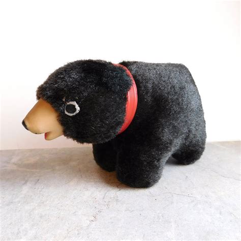 Vintage Black Bear Plush Toy 1950s - Rubber Face, Straw Stuffed, Red ...