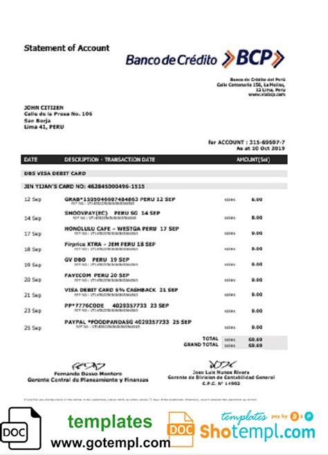 Peru Banco de Credito del Peru (BCP) proof of address bank statement template in Word and PDF ...