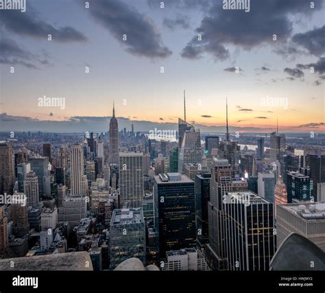 Aerial view of Manhattan Skyline at sunset - New York, USA Stock Photo ...