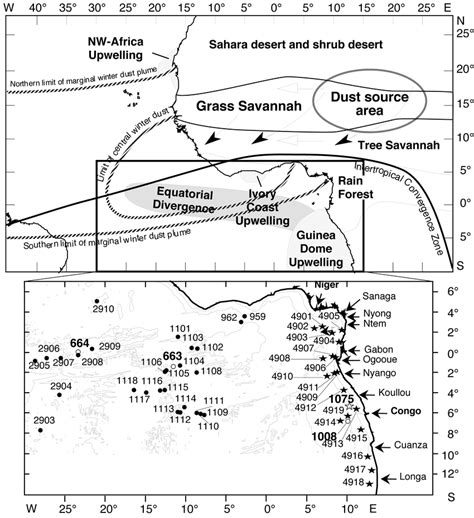 Generalized map of the Equatorial Atlantic showing main coastal and... | Download Scientific Diagram