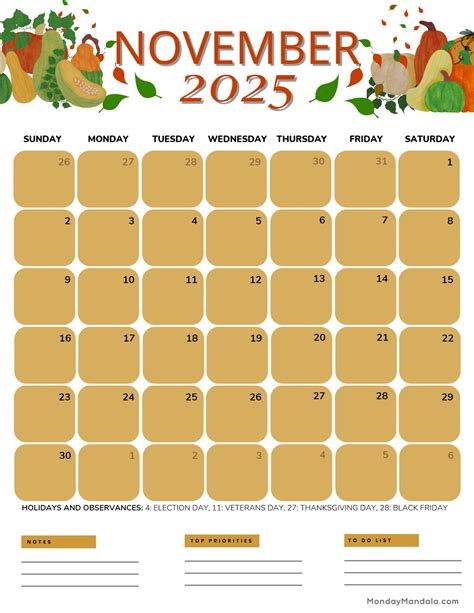 November 2025 Calendar Printable Thanksgiving - Cecil Daphene